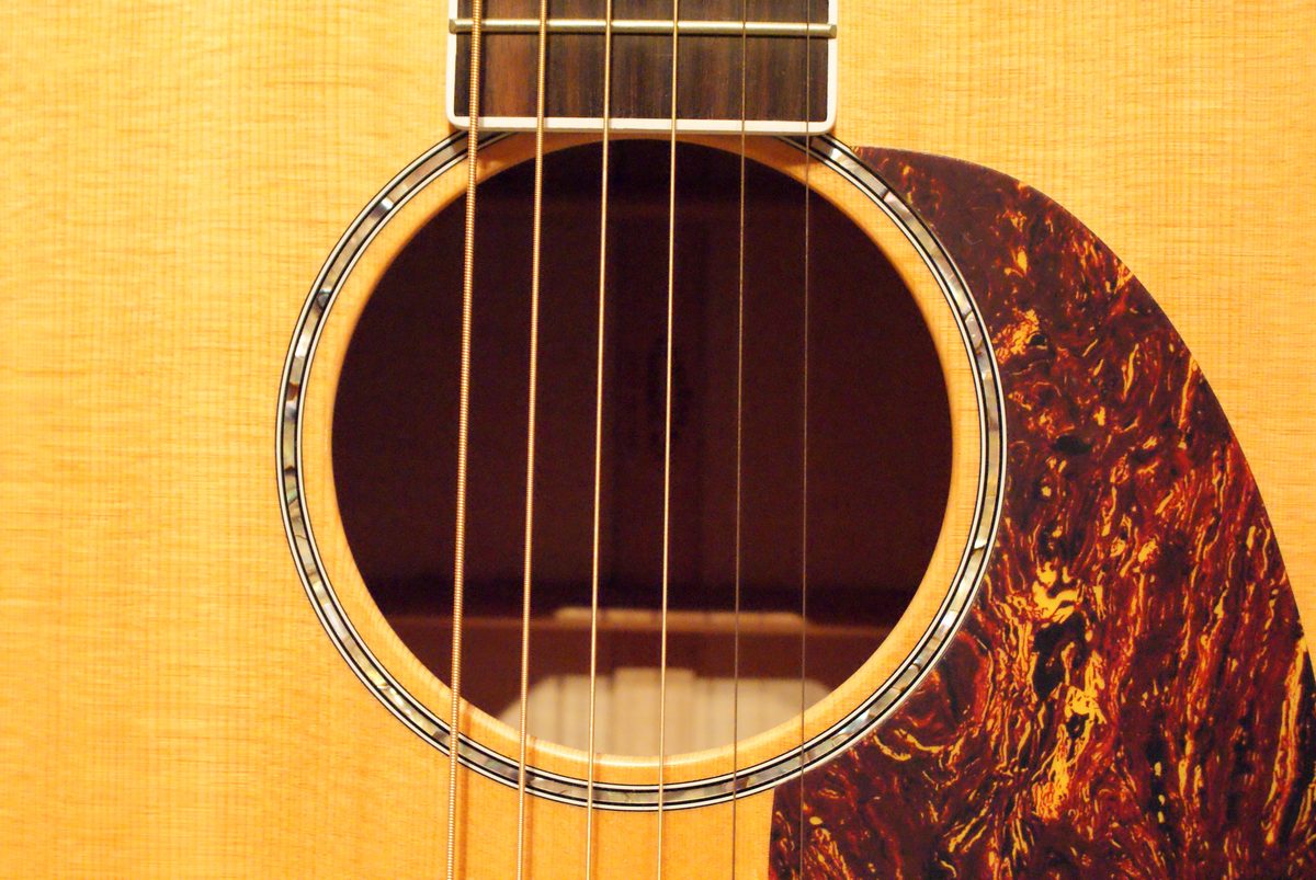 First acoustic guitar buying guide spruce top and soundhole close-up