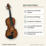 Cremona SV-75 Premier Novice Violin Outfit 4/4 Size key features hand-carved solid spruce hardwood fittings composite tailpiece low-profile chinrest and oiled anton breton ab-110 brazilwood