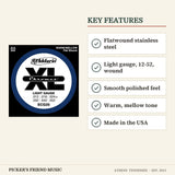 D'Addario ECG25 Chromes Flatwound Electric Guitar Strings Light 12-52 key features flatwound stainless steel light gauge 12-52 wound smooth polished feel warm mellow tone made in the usa