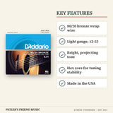 D'Addario EJ11 80/20 Bronze Acoustic Guitar Strings Light 12-53 key features 80/20 bronze wrap wire light gauge 12-53 bright projecting tone hex core for tuning stability made in the usa