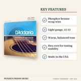 D'Addario EJ16 Phosphor Bronze Acoustic Guitar Strings Light 12-53 key features phosphor bronze wrap wire light gauge 12-53 warm balanced tone hex core for tuning stability made in the usa