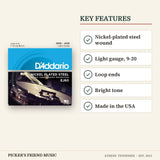 D'Addario EJ60 Nickel 5-String Banjo Strings Light 9-20 key features nickel-plated steel wound light gauge 9-20 loop ends bright tone made in the usa