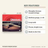 D'Addario EJ74 Phosphor Bronze Mandolin Strings Medium 11-40 key features phosphor bronze wound strings medium gauge 11-40 loop ends warm bright tone made in the usa