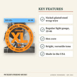 D'Addario EXL110 Nickel Wound Electric Guitar Strings Regular Light 10-46 key features nickel-plated steel wrap wire regular light gauge 10-46 hex core bright versatile tone made in the usa