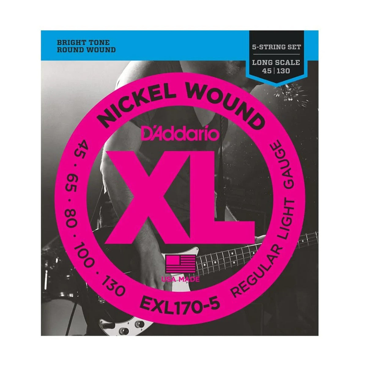D'Addario EXL170-5 Nickel Wound 5-String Bass Strings Light 45-130 Long Scale on white background