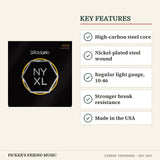 D'Addario NYXL1046 Nickel Wound Electric Guitar Strings Regular Light 10-46 key features high-carbon steel core nickel-plated steel wound regular light gauge 10-46 stronger break resistance made in the usa