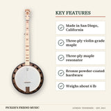 Deering Goodtime Two 5-String Resonator Banjo Natural Maple key features made in san diego california three-ply violin-grade maple three-ply maple resonator bronze powder-coated hardware weighs about 6 lb