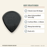 Dunlop Max-Grip Jazz III Carbon Fiber Guitar Picks 1.38mm 6-Pack key features classic jazz iii shape max-grip molded non-slip carbon fiber 1.38mm sharp beveled tip pack of 6