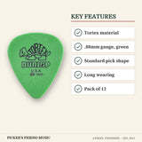 Dunlop Tortex Standard Guitar Picks .88mm Green 12-Pack key features tortex material .88mm gauge green standard pick shape long wearing pack of 12