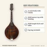 Eastman MD305 A-Style Mandolin with Gig Bag Classic Finish key features a-style body with f-holes solid spruce top with binding solid maple back and sides gig bag included