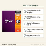 Elixir 11002 Nanoweb 80/20 Bronze Acoustic Guitar Strings Extra Light 10-47 key features nanoweb ultra-thin coating 80/20 bronze wrap wire extra light gauge 10-47 anti-rust plated plain strings bright lively tone