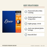Elixir 12052 Nanoweb Nickel Plated Steel Electric Guitar Strings Light 10-46 key features nanoweb ultra-thin coating nickel-plated steel wrap wire light gauge 10-46 anti-rust plated plain strings smooth feel