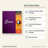 Elixir 16002 Nanoweb Phosphor Bronze Acoustic Guitar Strings Extra Light 10-47 key features nanoweb ultra-thin coating phosphor bronze wrap wire extra light gauge 10-47 anti-rust plated plain strings smooth feel
