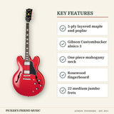 Epiphone 1962 ES-335 Reissue Electric Guitar Sixties Cherry key features 5-ply layered maple and poplar gibson custombucker alnico 3 one piece mahogany neck rosewood fingerboard 22 medium jumbo frets