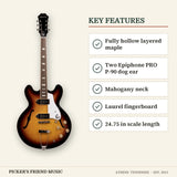 Epiphone Casino Hollow Body Electric Guitar Vintage Sunburst key features fully hollow layered maple two epiphone pro p-90 dog ear mahogany neck laurel fingerboard 24.75 in scale length