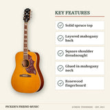 Epiphone Hummingbird Studio Acoustic-Electric Guitar Antique Natural key features solid spruce top layered mahogany back square shoulder dreadnought glued in mahogany neck rosewood fingerboard