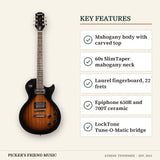 Epiphone Les Paul Tribute Electric Guitar Vintage Sunburst key features mahogany body with carved top 60s slimtaper mahogany neck laurel fingerboard 22 frets epiphone 650r and 700t ceramic locktone tune-o-matic bridge
