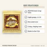 Ernie Ball 2004 Earthwood 80/20 Bronze Acoustic Guitar Strings Light 11-52 key features 80/20 bronze wrap wire light gauge 11-52 hex steel core crisp ringing tone made in the usa