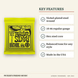 Ernie Ball 2221 Regular Slinky Nickel Wound Electric Guitar Strings 10-46 key features nickel-plated steel wound 10-46 regular gauge hex steel core balanced tone for any style made in the usa
