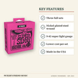 Ernie Ball 3223 Super Slinky Nickel Wound Electric Guitar Strings 9-42 3-Pack key features three full sets nickel-plated steel wound 9-42 super light gauge lower cost per set made in the usa