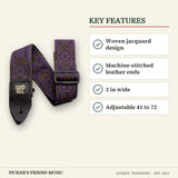Ernie Ball Jacquard Guitar Strap Purple Paisley key features woven jacquard design machine-stitched leather ends 2 in wide adjustable 41 to 72