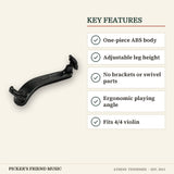 Everest Easy Violin Shoulder Rest 4/4 Size Black key features one-piece abs body adjustable leg height no brackets or swivel parts ergonomic playing angle fits 4/4 violin