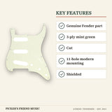 Fender 11-Hole Modern Stratocaster S/S/S Pickguard 3-Ply Mint Green key features genuine fender part 3-ply mint green cut 11-hole modern mounting shielded