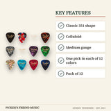 Fender 351 Shape Celluloid Medley Guitar Picks Medium 12-Pack key features classic 351 shape celluloid medium gauge one pick in each of 12 colors pack of 12