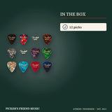 What is in the box with Fender 351 Shape Celluloid Medley Guitar Picks Medium 12-Pack