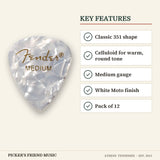 Fender 351 Shape Premium Celluloid Guitar Picks Medium White Moto 12-Pack key features classic 351 shape celluloid for warm round tone medium gauge white moto finish pack of 12