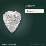 What is in the box with Fender 351 Shape Premium Celluloid Guitar Picks Medium White Moto 12-Pack