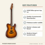 Fender Acoustasonic Standard Telecaster Acoustic-Electric Guitar Honey Burst key features solid sitka spruce top on fender acoustasonic shawbucker fishman under-saddle master volume and blend modern deep c nyatoh neck