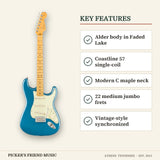 Fender American Professional Classic Stratocaster Faded Lake Placid Blue key features alder body in faded lake coastline 57 single-coil modern c maple neck 22 medium jumbo frets vintage-style synchronized