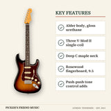 Fender American Professional II Stratocaster Electric Guitar 3-Color Sunburst key features alder body gloss urethane three v-mod ii single-coil deep c maple neck rosewood fingerboard 9.5 push-push tone control adds