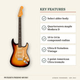 Fender American Ultra II Stratocaster Electric Guitar Ultraburst key features select alder body quartersawn maple modern d 10 to 14 in compound-radius ultra ii noiseless vintage 2-point american ultra tremolo