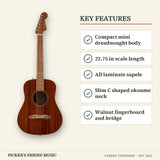 Fender California Standard Redondo Mini Acoustic Guitar Natural key features compact mini dreadnought body 22.75 in scale length all laminate sapele slim c shaped okoume neck walnut fingerboard and bridge