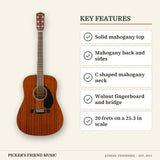 Fender CD-60S Dreadnought Acoustic Guitar All-Mahogany key features solid mahogany top mahogany back and sides c shaped mahogany neck walnut fingerboard and bridge 20 frets on a 25.3 in scale
