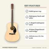 Fender CD-60S Dreadnought Acoustic Guitar Natural key features solid spruce top mahogany back and sides c shaped mahogany neck walnut fingerboard and bridge 20 frets on a 25.3 in scale