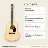 Fender CD-60S Dreadnought Acoustic Guitar Natural at a glance body shape top back & sides neck