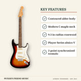 Fender Player II Stratocaster Electric Guitar 3-Color Sunburst key features contoured alder body modern c maple neck 9.5 in radius rosewood player series alnico v 2-point synchronized tremolo