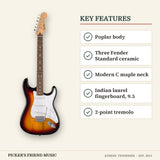 Fender Standard Stratocaster Electric Guitar 3-Color Sunburst key features poplar body three fender standard ceramic modern c maple neck indian laurel fingerboard 9.5 2-point tremolo