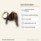 Franklin Strap 2.5 Inch American Bison Leather Guitar Strap Chocolate key features american bison leather honey suede backing 2.5 in wide adjustable 38 to 56 natural stitching