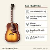 Gibson Hummingbird Special Acoustic-Electric Guitar Satin Honey Burst key features solid sitka spruce top solid mahogany back and sides slimmer concert-depth round-profile utile neck l.r. baggs element bronze