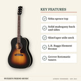 Gibson J-45 Special Acoustic-Electric Guitar Satin Vintage Sunburst key features sitka spruce top solid mahogany back and sides slimtaper utile neck l.r. baggs element bronze grover rotomatic tuners