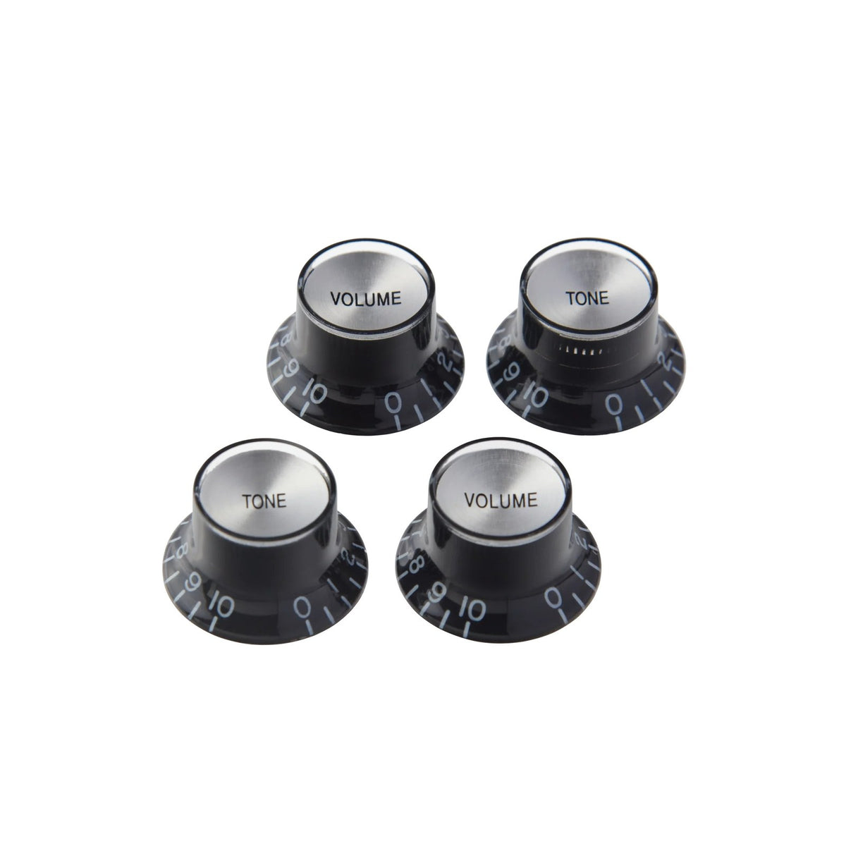 Gibson Top Hat Knobs Black with Silver Metal Inserts 4-Pack on white background
