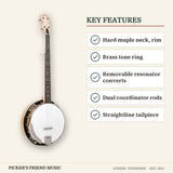 Gold Tone CC-100R Cripple Creek 5-String Resonator Banjo key features hard maple neck rim brass tone ring removable resonator converts dual coordinator rods straightline tailpiece