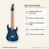 Ibanez GIO GRX70QA Electric Guitar Transparent Blue Burst key features quilted maple art grain top bolt-on maple neck infinity r pickups in hsh 5-way pickup switch t106 tremolo bridge