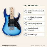 Ibanez GRGM21 GIO Mikro Electric Guitar Blue Burst key features undersized basswood body 22.2 in scale bolt-on maple jatoba fingerboard two infinity r ceramic fixed bridge