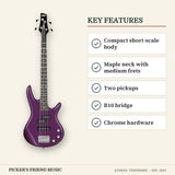 Ibanez GSRM20 Mikro Short-Scale Bass Guitar Metallic Purple key features compact short-scale body maple neck with medium frets two pickups b10 bridge chrome hardware