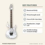 Ibanez JEMJR Steve Vai Signature Electric Guitar White key features basswood body wizard maple neck tree of life vine inlay humbucker single coil double locking tremolo bridge